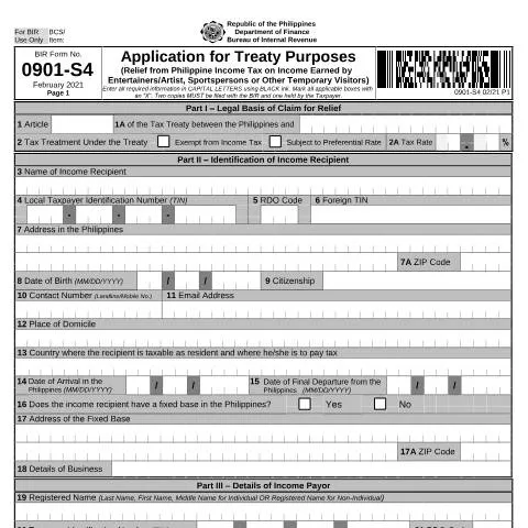 Document preview: Understanding BIR Form No. 0901-S4 for Tax Relief — Taxes (CERFA n°0901-S4)