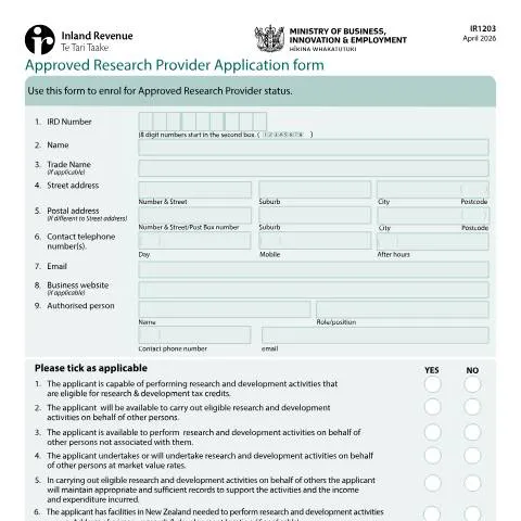 Document preview: Become an Approved Research Provider in New Zealand — Government & admin (CERFA n°IR1203)