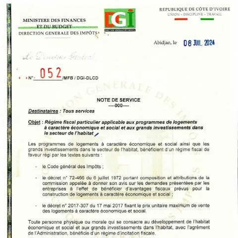 Aperçu du document Comprendre la Note de service 0052 0001 sur l'habitat en Côte d'Ivoire — Démarches administratives