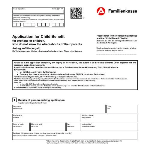Dokumentvorschau: Wichtige Informationen zum Antrag auf Kindergeld für Vollwaisen — Familie (CERFA n°antrag-kindergeld-fuer-vollwaisen-kg1a-englisch_ba042334)