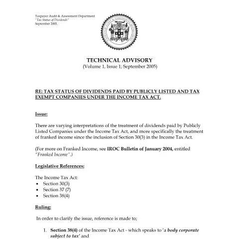 Document preview: Tax Treatment of Dividends in Jamaica for Listed and Tax-Exempt — Taxes (CERFA n°2005+iroc.it+-+tax+status+of+dividends-publicly+listed++tax+exempt+companies-+income+tax+act)
