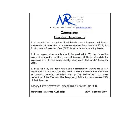 Document preview: Mauritius Environment Protection Fee (EPF) Implementation and — Environment & energy (CERFA n°CommuniqueEPF2011)