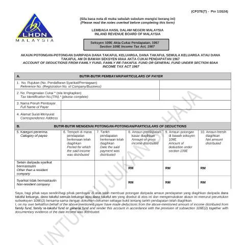 Document preview: Pengenalan Borang CP37E(T) Pin 1/2024 untuk Pemotongan Cukai — Cukai & percukaian (CERFA n°CP37E)