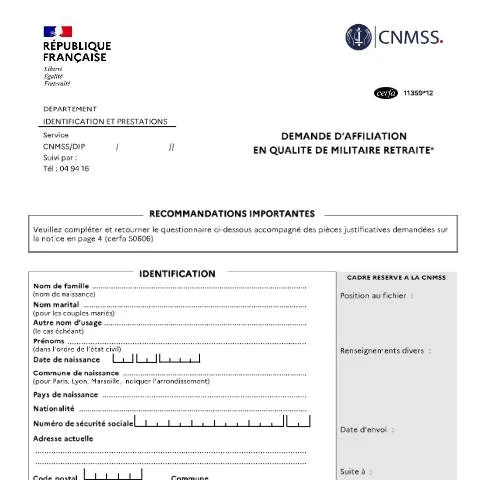 Aperçu du document Affiliation à la sécurité sociale militaire pour retraités — Santé (CERFA n°11359*12)
