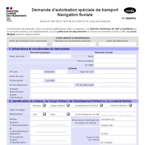 Aperçu du document Autorisation Spéciale Transport Fluvial - Démarches Officielles — Démarches administratives (CERFA n°15029*01)