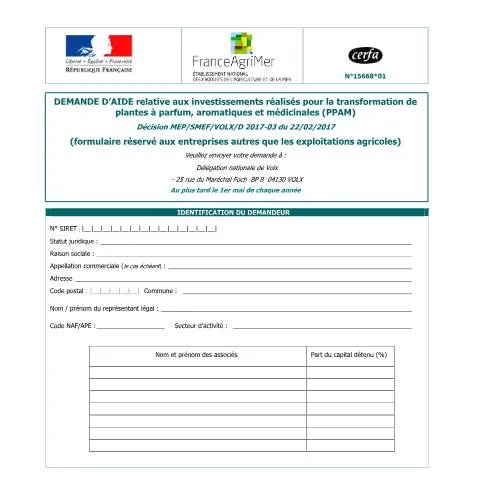 Aperçu du document Subventions pour équipements de transformation PPAM — Démarches administratives (CERFA n°15668*01)