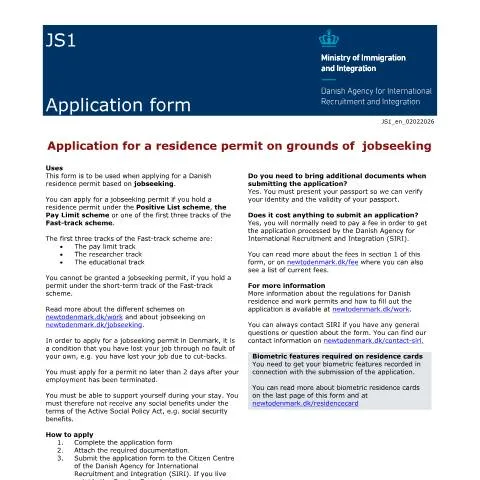 Document preview: Opholdstilladelse som jobsøgende i Danmark — Job & arbejde (CERFA n°JS1)
