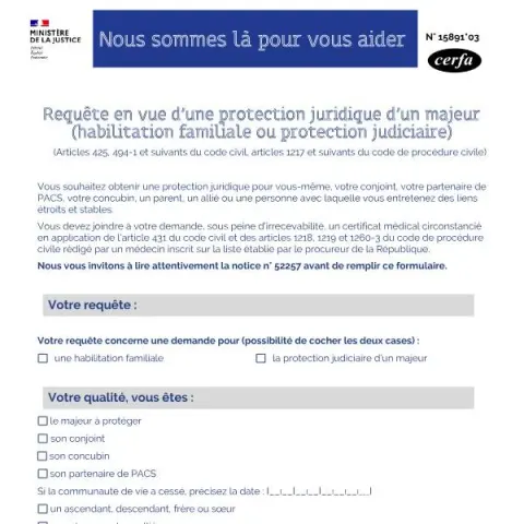 Aperçu du document Formulaire officiel pour la protection juridique d'un majeur — Juridique & justice (Cerfa 15891*03)