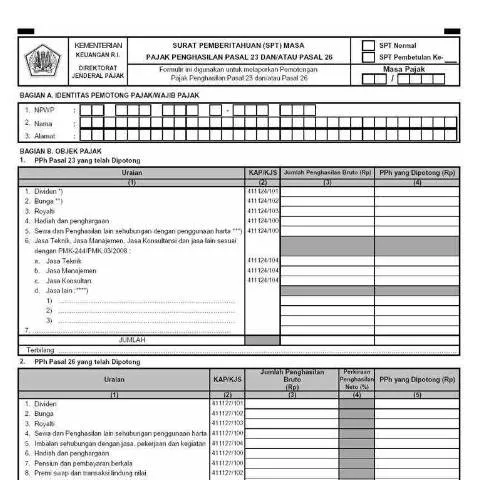 Document preview: Memahami SPT Masa PPh Pasal 23 dan Pasal 26 untuk Wajib Pajak — Pajak & perpajakan (CERFA n°ID-DJP-SPT-Masa-PPh-Pasal-23-Dan-Atau-Pasal-26-f-1-1-32-03-n-0)