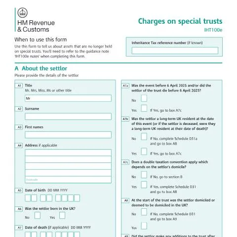 Document preview: Understanding the IHT100e Form for Special Trusts — Taxes