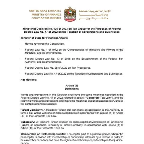 Document preview: UAE Ministerial Decision No 125 of 2023 on Tax Group Formation — Taxes (CERFA n°Ministerial Decision No (125) of 2023)