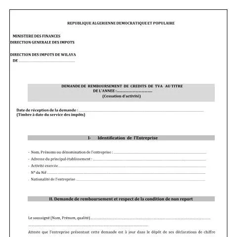 Aperçu du document Remboursement des crédits de TVA en cas de cessation d'activité — Impôts & fiscalité (CERFA n°Demande de remboursement des credits de TVA cessation d activite DIW)