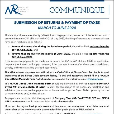 Document preview: Key Tax Filing Instructions for March to June 2020 — Taxes (CERFA n°CommuniquePayment010620)