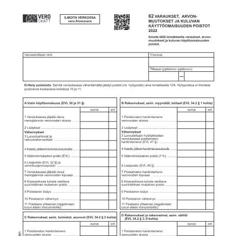 Document preview: Lomake 62: Varaukset ja poistot verotuksessa — Verot & verotus (CERFA n°Vero 3050)