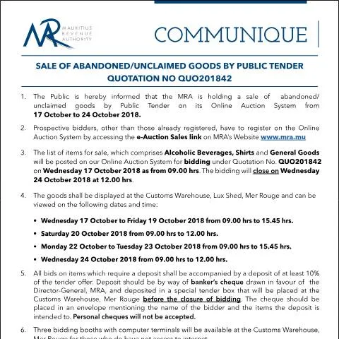 Document preview: Understanding Public Tender Sales for Abandoned Goods in Mauritius — Government & admin (CERFA n°Communique42of2018)