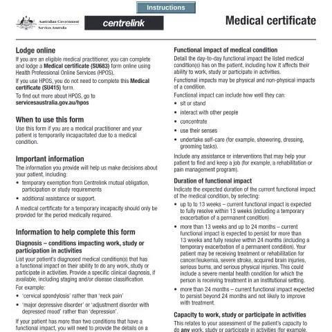 Document preview: Understanding the Centrelink Medical Certificate SU415 — Health (CERFA n°SU415)