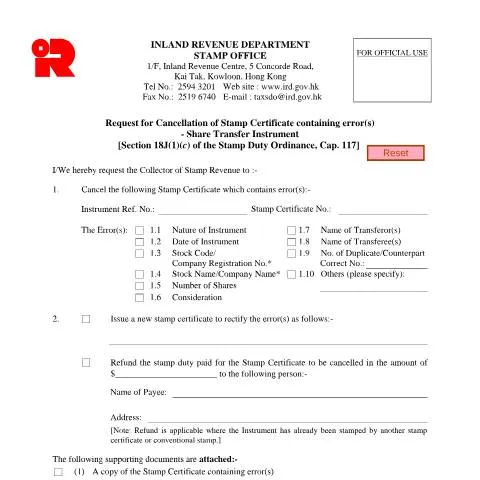 Document preview: Understanding the Cancellation of Stamp Certificates for Share — Property & real estate (CERFA n°IRSD 140(E))