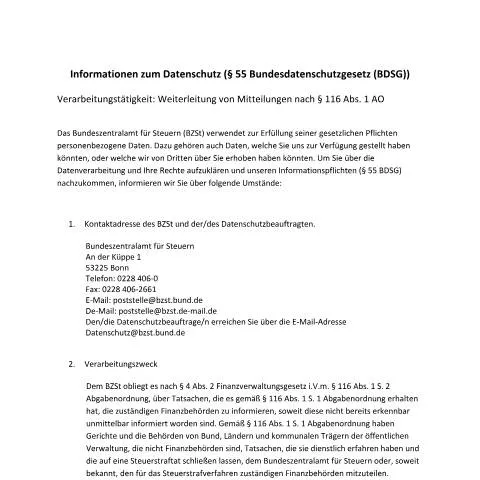 Dokumentvorschau: Weiterleitung von Mitteilungen an das BZSt — Behörden & Verwaltung (CERFA n°Weiterleiten_Mitteilungen_116_Abs_1_AO)