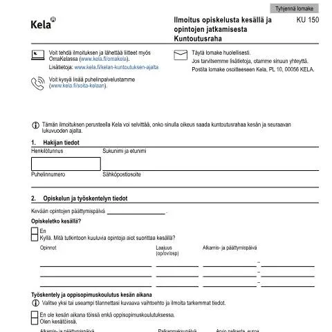 Document preview: Opiskelun ilmoittaminen ja kuntoutusraha — Terveys (CERFA n°Kela KU 150)