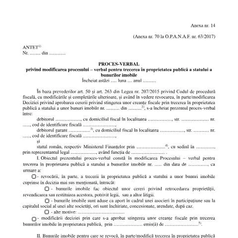 Document preview: Modificarea procesului-verbal pentru bunuri imobile — Formalități administrative (CERFA n°A14_OPANAF_6942_2024)