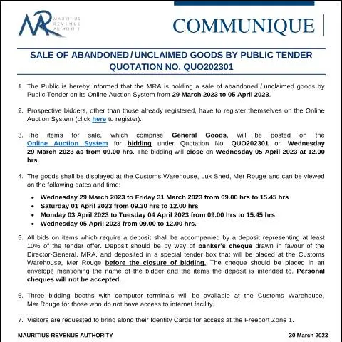 Document preview: Mauritius Public Tender for Unclaimed Goods Sale — Government & admin (CommuniqueQuo202301)