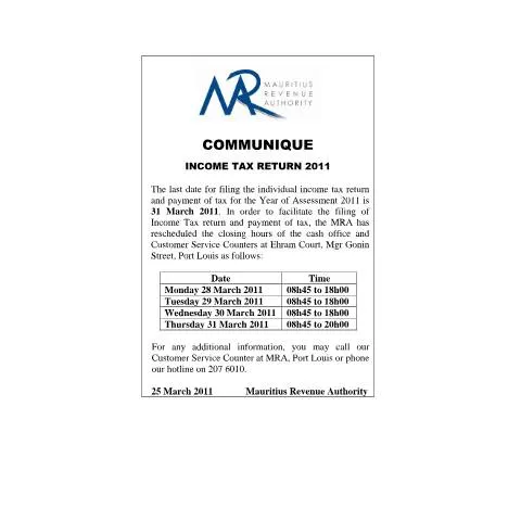 Document preview: Extended Operating Hours at Ehram Court for Tax Filing in March 2011 — Government & admin (CERFA n°CommuniqueClosingHoursMarch2011)