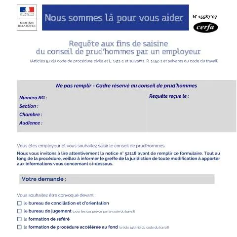 Aperçu du document Requête employeur au CPH : mode d'emploi du formulaire 15587*07 — Emploi & travail (CERFA n°15587*07)