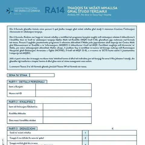 Document preview: Navigating the RA14 Form for Tertiary Education Deductions — Taxes (CERFA n°ra14-deductions-for-fees-paid-in-respect-of-tertiary-studies)