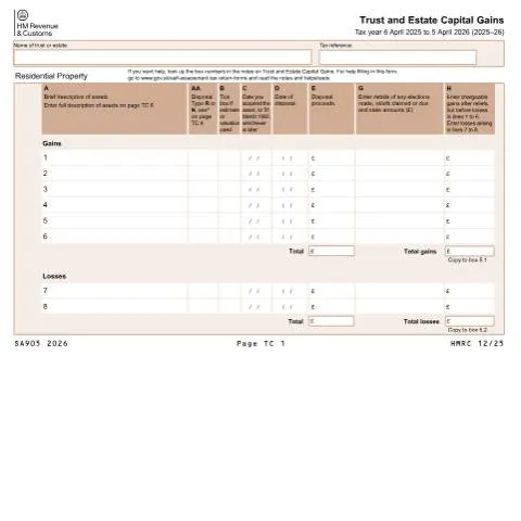 Document preview: Trust and Estate Capital Gains Tax: SA905 Form Requirements — Taxes