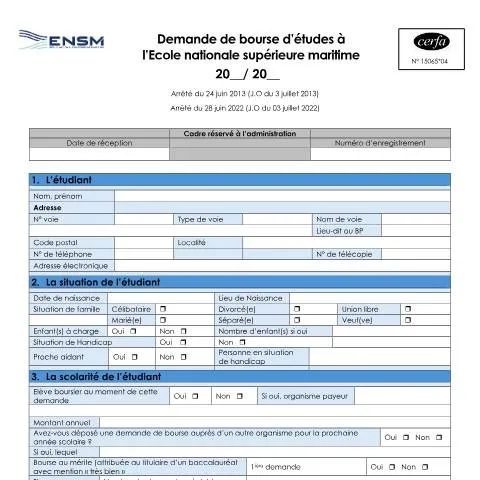 Aperçu du document Comment obtenir une bourse pour l'École maritime supérieure — Emploi & travail (CERFA n°15065*04)