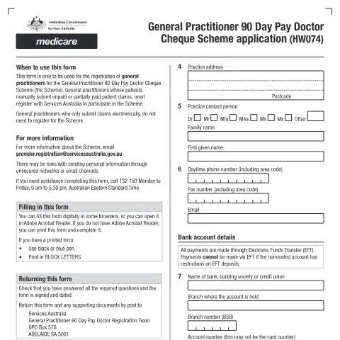 Document preview: Understanding the GP 90 Day Pay Doctor Cheque Scheme Application — Health (CERFA n°HW074)