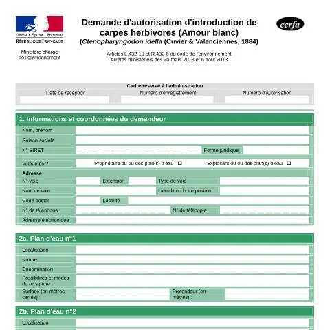 Aperçu du document Autorisation d'introduction de carpes herbivores : démarches et — Démarches administratives (CERFA n°14984*01)