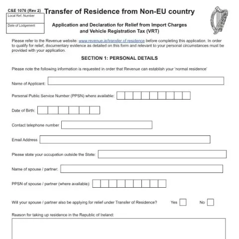Document preview: Relief Application for Transfer of Residence from Outside the EU — Taxes (C and E 1076)