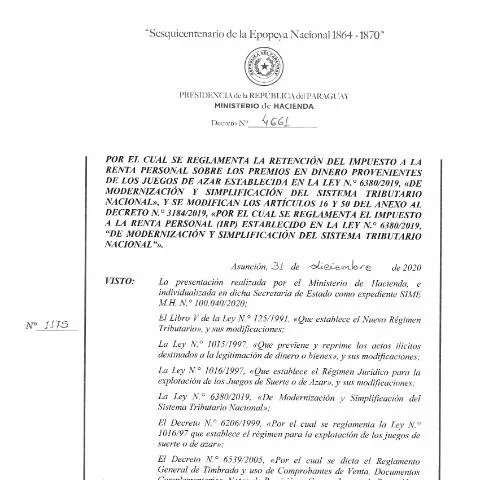 Vista previa del documento Normativa sobre IRP en premios de azar en Paraguay — Trámites administrativos