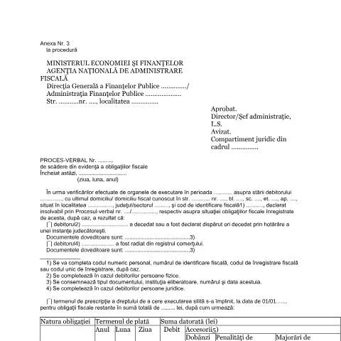 Document preview: Importanța Procesului-Verbal de Scădere din Evidență a Obligațiilor — Impozite & fiscalitate (CERFA n°A3_OMEF_447_2007)