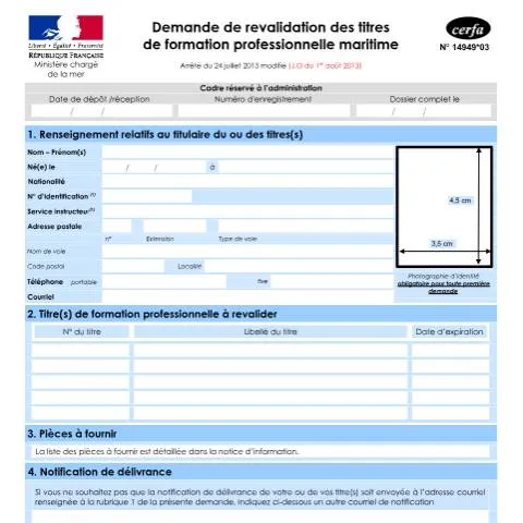 Aperçu du document Comment revalider ses titres de formation maritime professionnelle — Études & formation (CERFA n°14949*03)