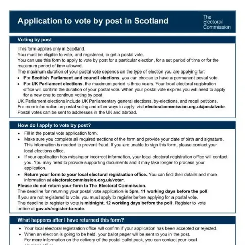Document preview: How to Apply for Postal Voting in Scotland — Government & admin (PO-S)