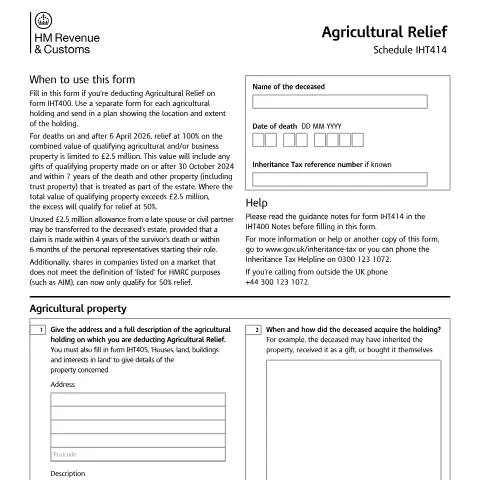 Document preview: Agricultural Relief IHT414: Reducing Inheritance Tax on Farm Estates — Taxes