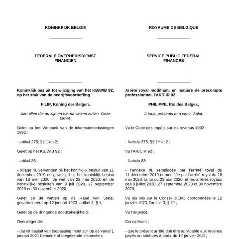 Aperçu du document Nouvelles règles du précompte professionnel au 1er janvier 2021 — Impôts & fiscalité (CERFA n°Règles 1er janvier 2021 (AR 16 décembre 2020))