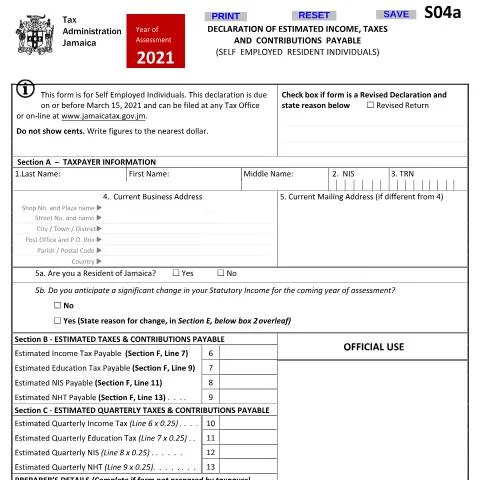 Document preview: Understanding the S04a 2021 Form for Self-Employed Residents in — Taxes (CERFA n°S04a_2021-20012021)
