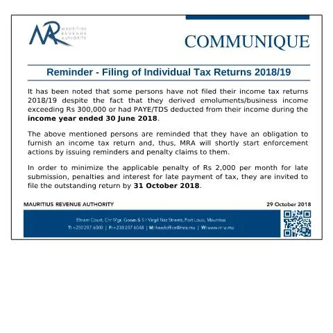Document preview: Essential Guide to Individual Tax Returns Filing 2018/19 — Taxes (CERFA n°FilingReminder291018)