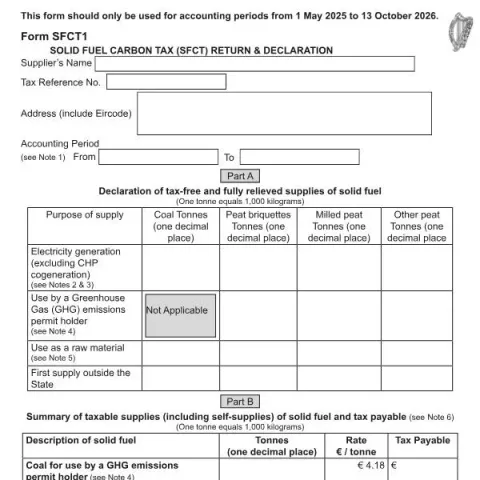 Document preview: Solid Fuel Carbon Tax Return and Declaration SFCT1 — Taxes (SFCT1)