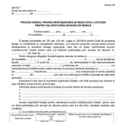 Document preview: Detalii despre Procesul-verbal OPANAF 63/2017 pentru licitații — Formalități administrative (CERFA n°A39_OPANAF_63_2017)