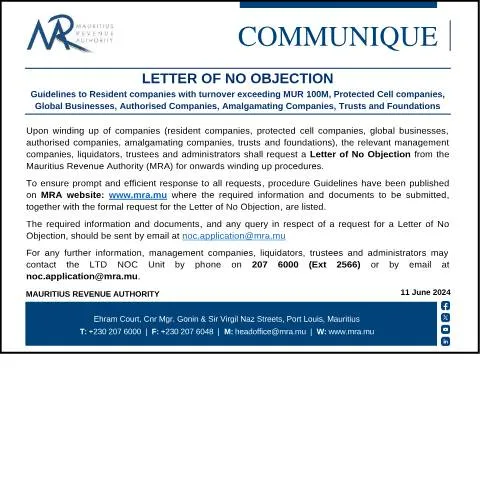 Document preview: Mauritius Revenue Authority: No Objection Letter Procedures — Government & admin (CommuniqueNoObjection110624)