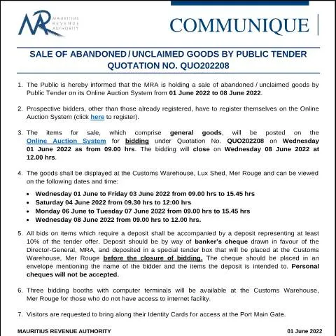 Document preview: Explore the Public Tender for Abandoned Goods — Government & admin (CommuniqueQUO202208)