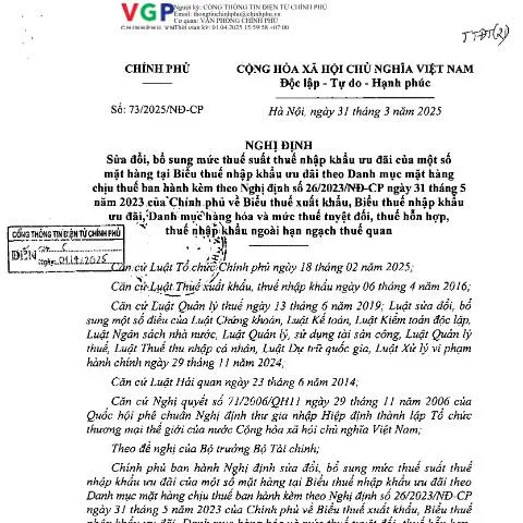 Document preview: Nghị định 73/2025/NĐ-CP: Điều chỉnh thuế nhập khẩu ưu đãi — Thủ tục hành chính (CERFA n°73/2025/NĐ-CP)