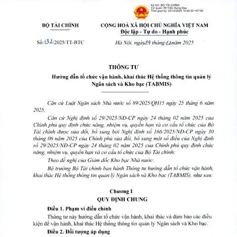 Document preview: Vai trò của TABMIS trong quản lý ngân sách nhà nước — Thuế & tài chính (CERFA n°132/2025/TT-BTC)