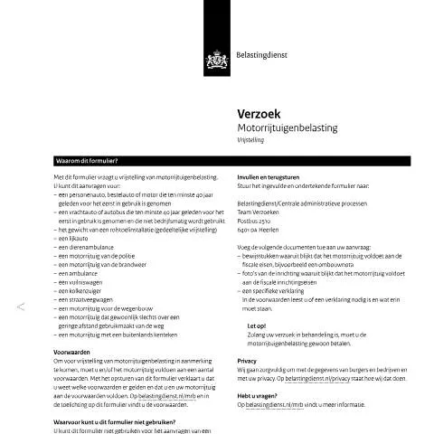 Documentvoorvertoning: Aanvraag voor vrijstelling motorrijtuigenbelasting in Nederland — Belastingen (CERFA n°mb1031z18fol)