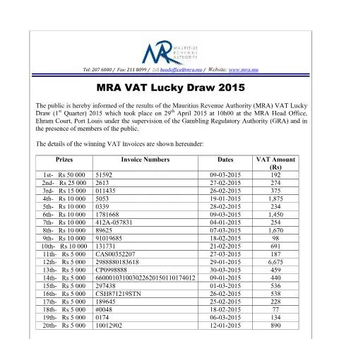 Document preview: MRA VAT Lucky Draw 2015 Results Revealed — Government & admin (VLDSDraw290415)