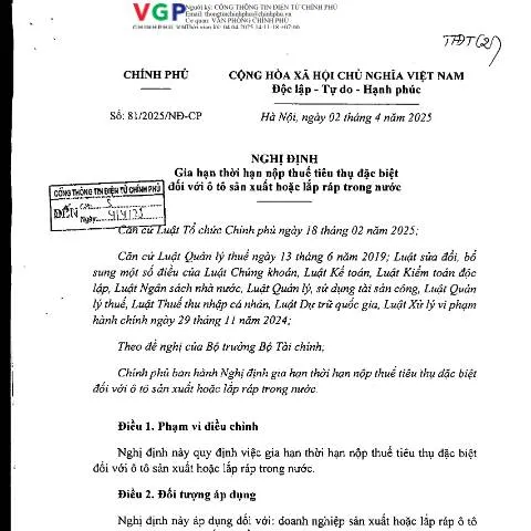 Document preview: Nghị định 81/2025/NĐ-CP: Hỗ trợ ngành ô tô Việt Nam — Thuế & tài chính (CERFA n°81/2025/NĐ-CP)